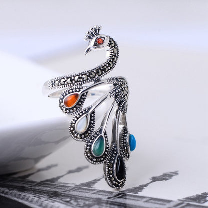 Multicolored stone peacock silver ring