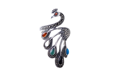 Multicolored stone peacock silver ring