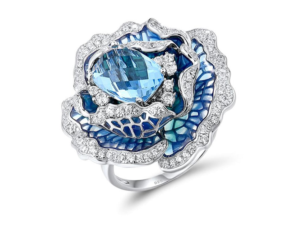 Handmade Blue Blooming Flower Sterling Silver Elegant Ring For Women
