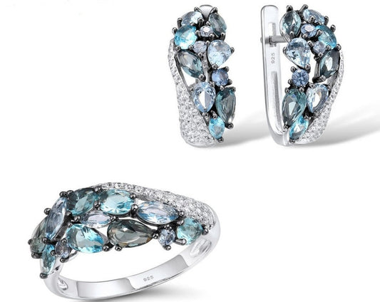 Blue Set - 925 Silver Jewelry Set for Women Sparkling Blue Stone Earrings Ring Set