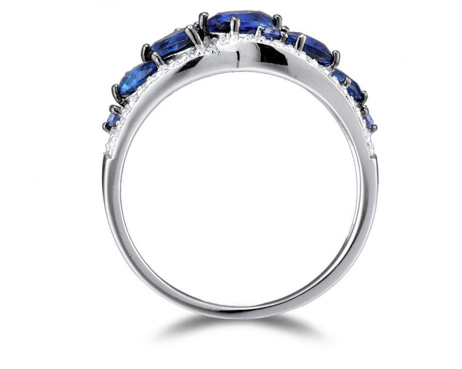 טבעת לילה כחול - טבעות כסף סטרלינג 925 לנשים זרקוניה כחולה  ולבנה