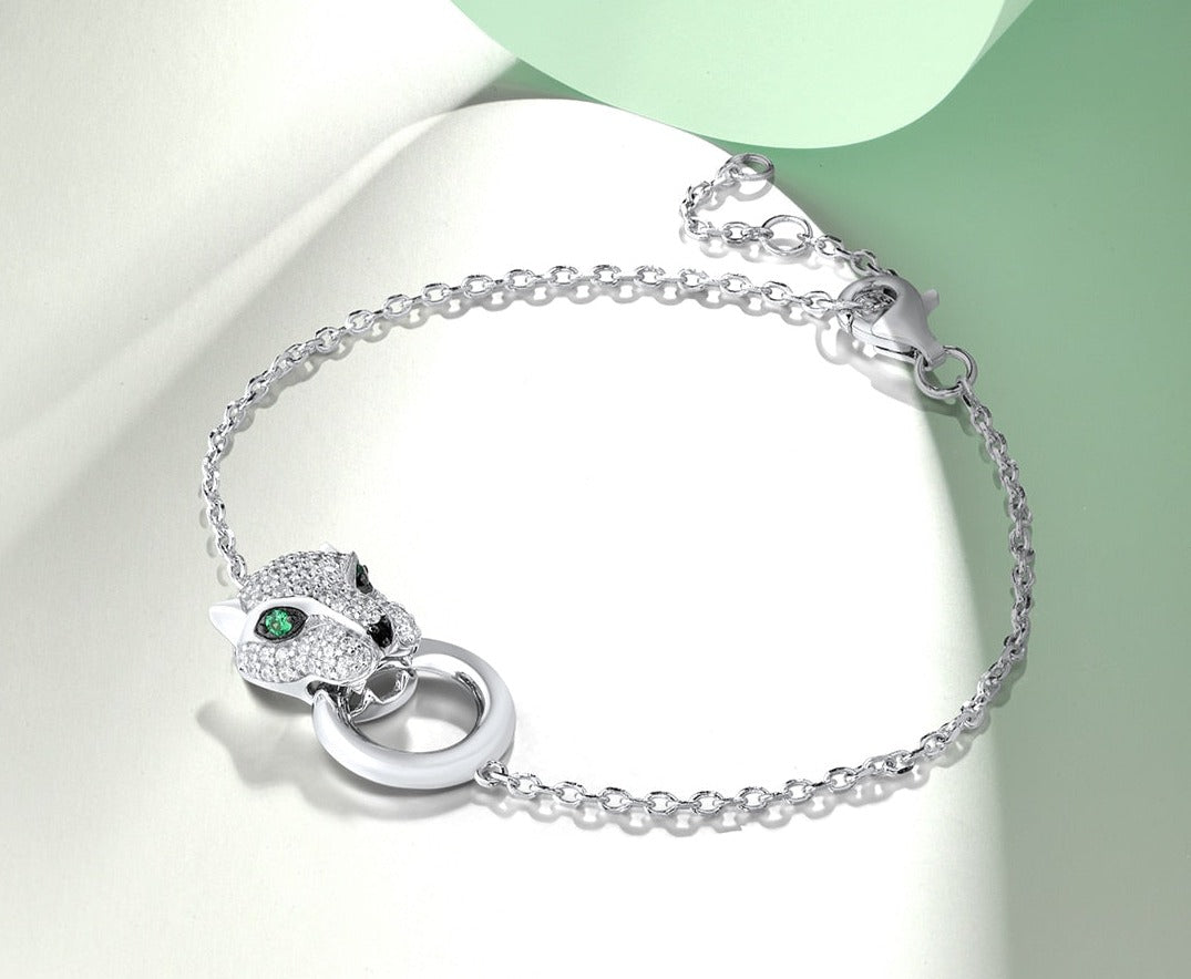 Emerald Leopard Sterling Silver  With Green Black Spinel White Zirconia Bracelet