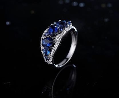 Blue Night Ring - 925 Sterling Silver  Rings For Women  Blue Glass White Cubic Zirconia