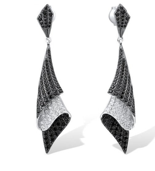 Black And White Classical Sterling Silver Earrings For Woman Folded Black Spinel White Cubic Zirconia