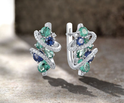Blue And Green Sparkling Spinel Sterling Silver Earrings White Cubic Zirconia